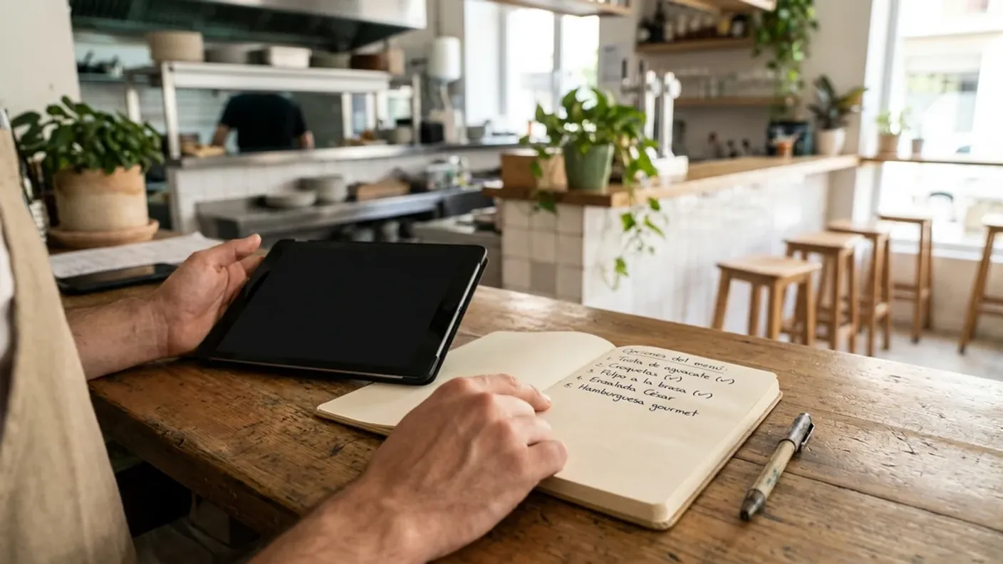 Un hostelero compara opciones con una tablet apagada y un cuaderno de notas sobre la barra de su restaurante, con la cocina al fondo.