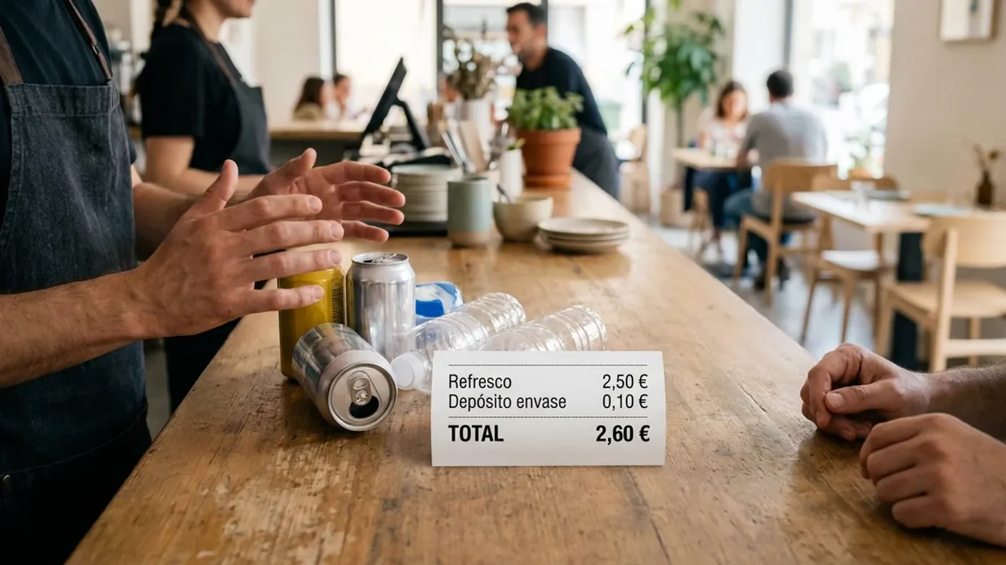 Latas y botellas de un solo uso sobre la barra de un bar junto al ticket de caja con el depósito
