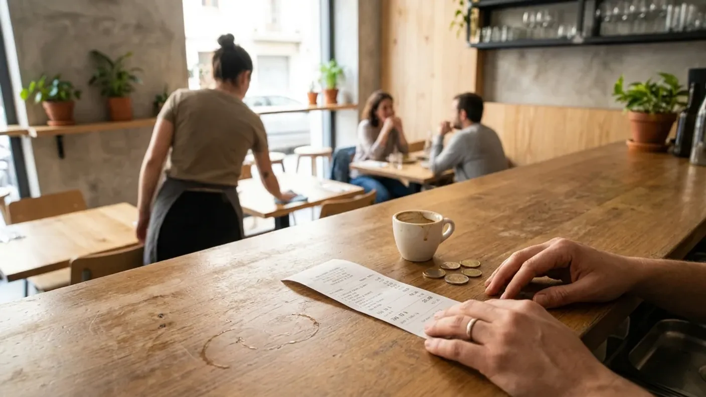 Una mano recoge la cuenta en la barra de un bar junto a un cafe y unas monedas de euro, con clientes al fondo; la factura de hosteleria ilustra el debate sobre el IVA.