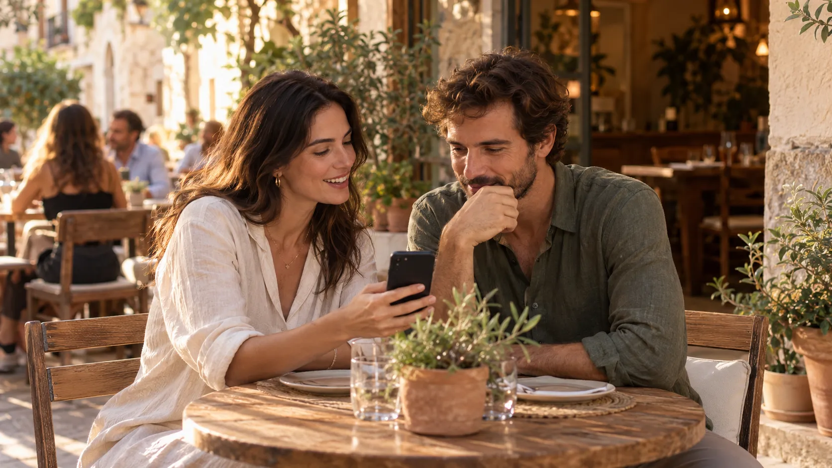 Escena ilustrativa de dos personas eligiendo un restaurante desde el móvil