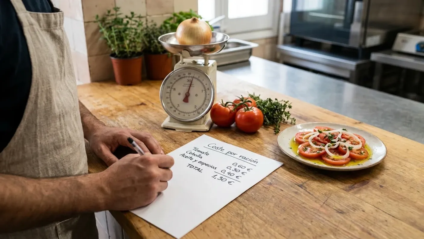 Cocinero calcula el escandallo de un plato con la hoja de coste por ración y la báscula en la cocina