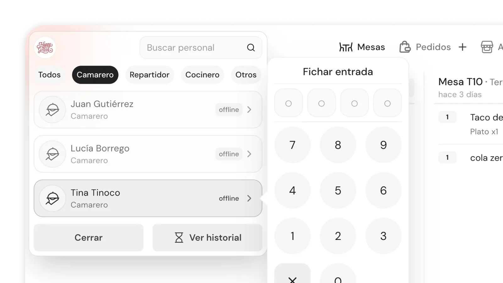 Pantalla de fichaje con pin en el POS