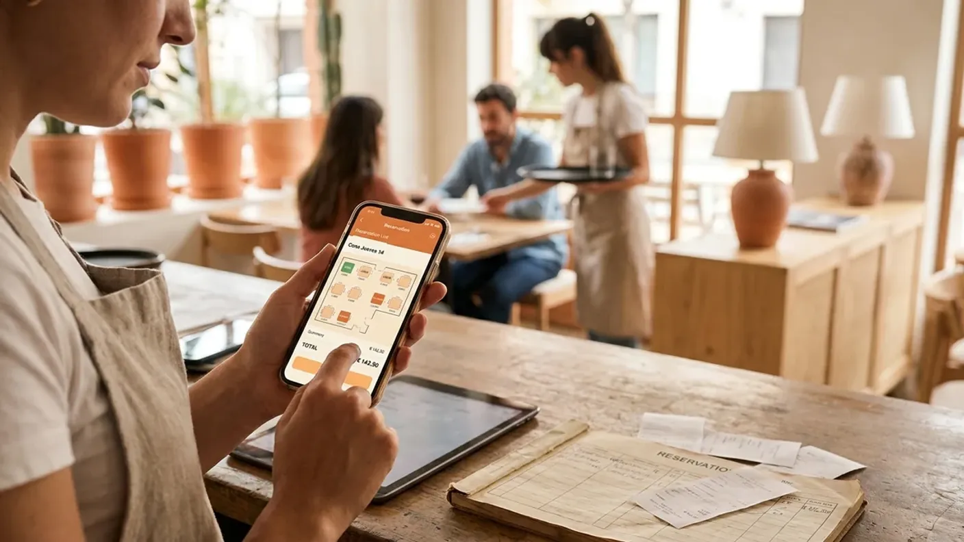 Mesa de restaurante dividida: a un lado varias tablets y un cuaderno de reservas con tickets sueltos; al otro, un solo móvil con la app de Qamarero mostrando reservas, plano de mesas y cobro.