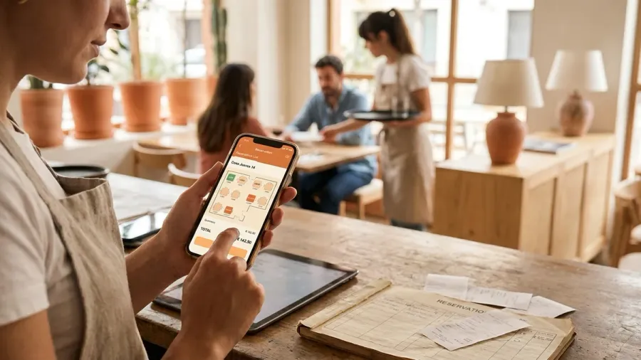 Mesa de restaurante dividida: a un lado varias tablets y un cuaderno de reservas con tickets sueltos; al otro, un solo móvil con la app de Qamarero mostrando reservas, plano de mesas y cobro.