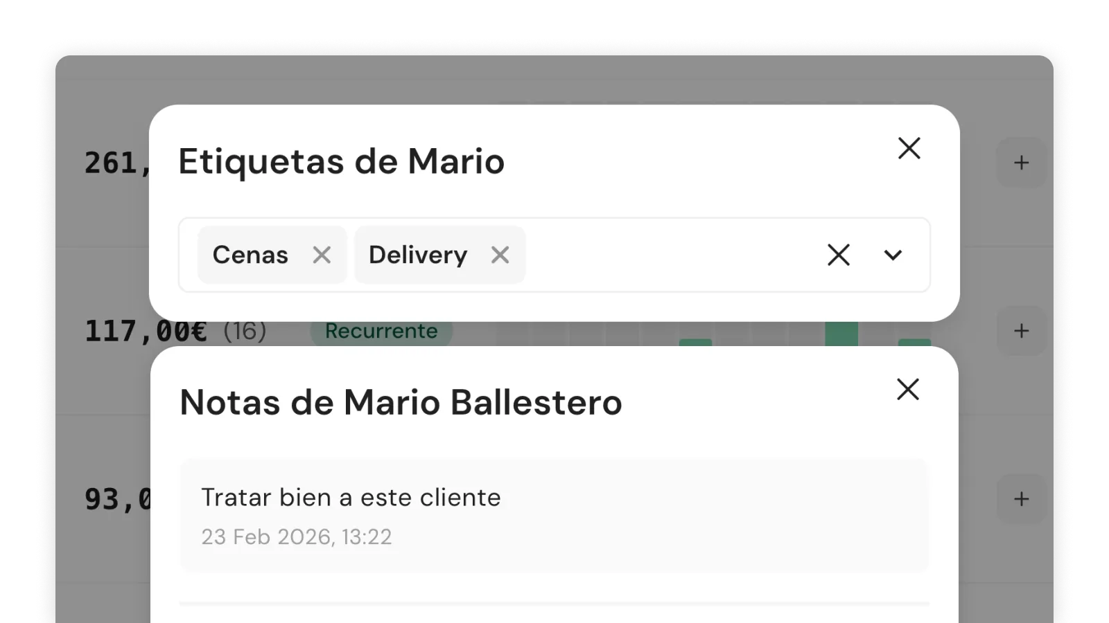 Etiquetas y notas internas sobre un cliente en el panel CRM