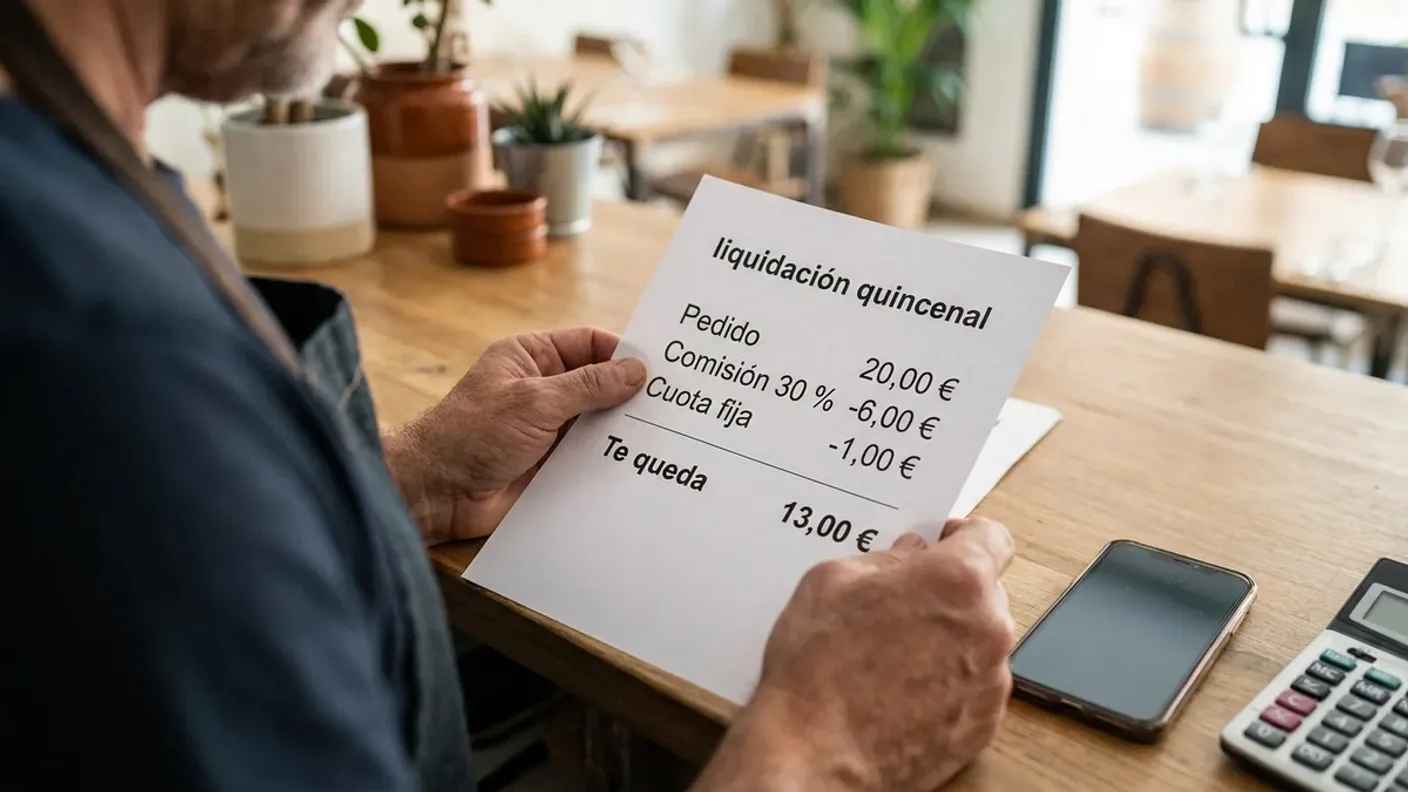 Hostelero revisa la liquidación quincenal de Glovo con la comisión por pedido y lo que le queda al restaurante