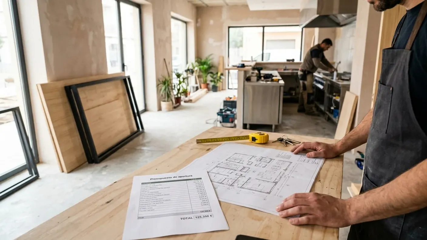 Emprendedor revisa el plano y el presupuesto de apertura dentro de un restaurante en obras