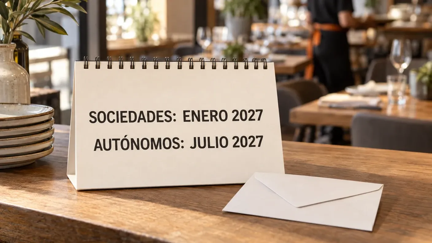 Calendario de Verifactu con plazos de 2027 junto a un sobre electoral en un restaurante