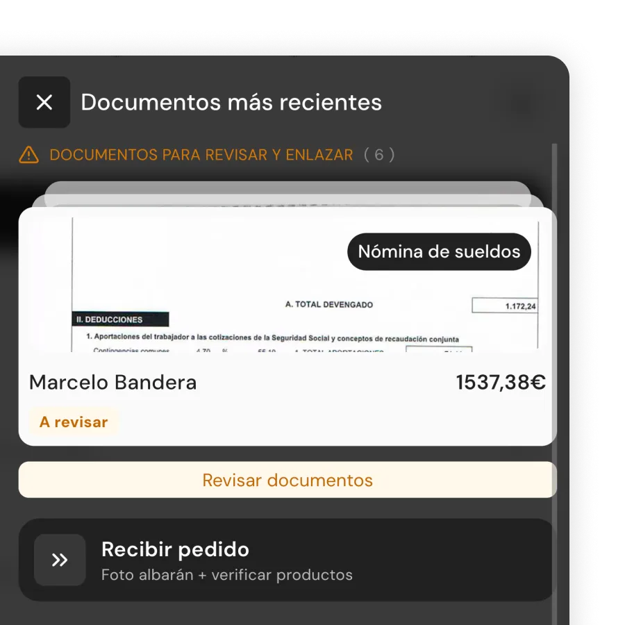Documents dashboard with invoices, delivery notes and payslips uploaded and auto-classified