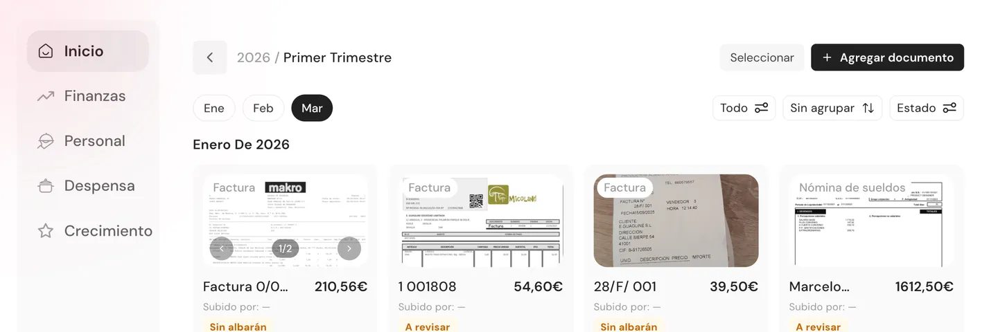 Finance Management dashboard with invoices, delivery notes and payslips auto-classified by AI