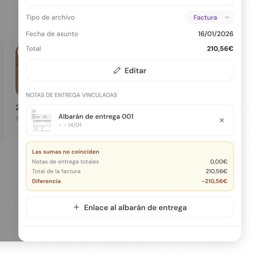 Reconciliation view between invoice and delivery notes with mismatches flagged