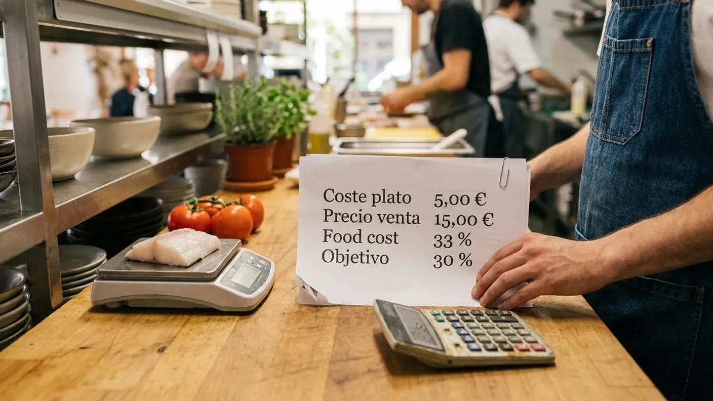 Cocinero revisa la ficha de food cost de un plato con el coste, el precio de venta y el porcentaje objetivo en la cocina