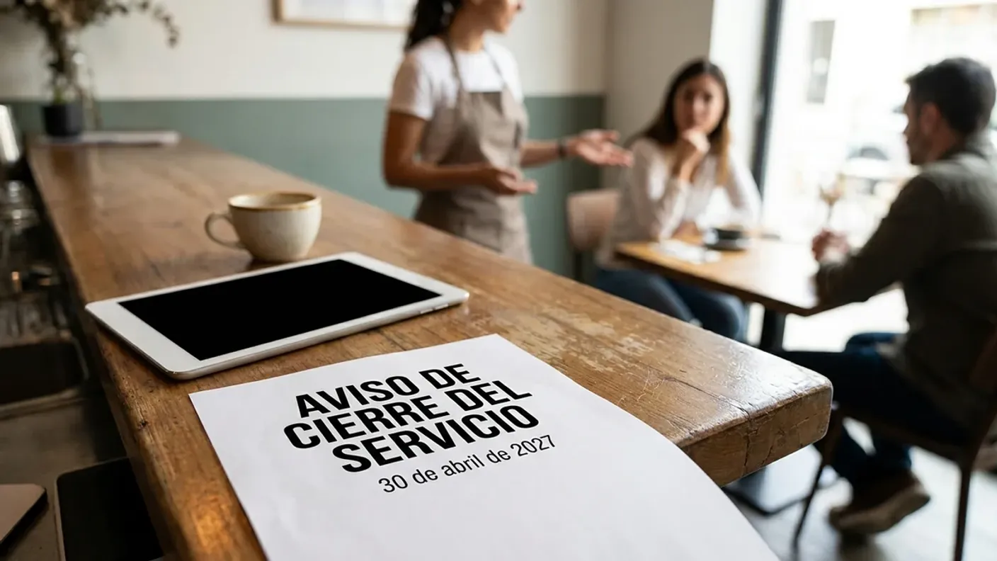 Sobre la barra de un bar, un aviso impreso de cierre del servicio con la fecha 30 de abril de 2027 junto a una tablet apagada y una taza de café; al fondo, el local en marcha.