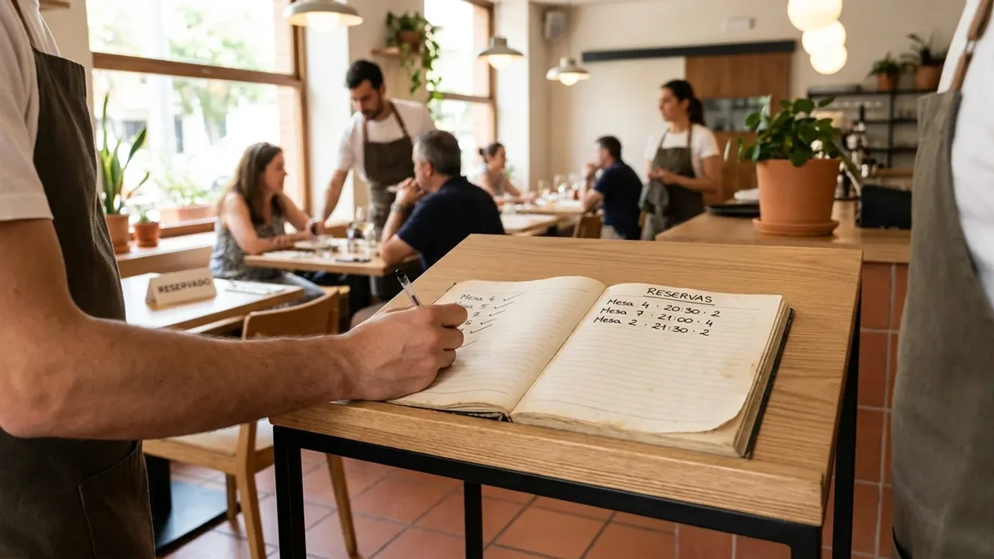 Libro de reservas de un restaurante con la lista del día escrita a mano; cómo gestionar las reservas que llegan por Google