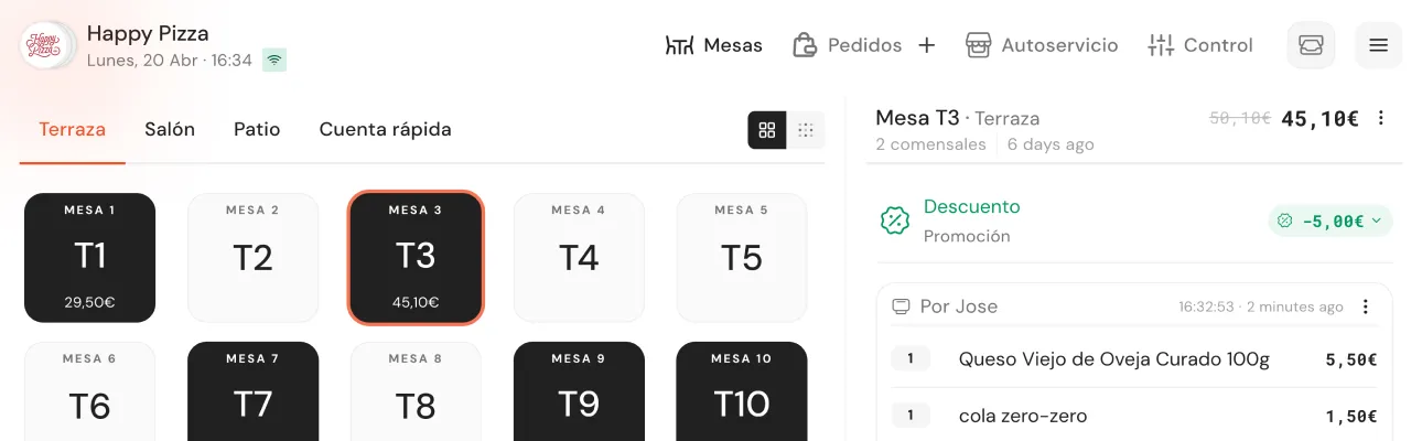 POS di Qamarero con mappa tavoli