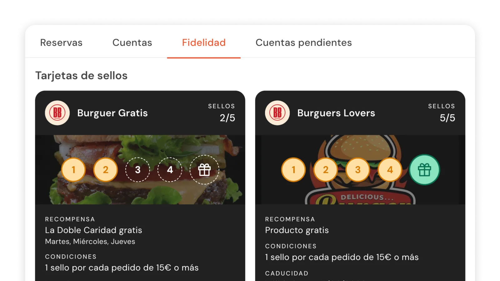 Perfil de cliente en el CRM con histórico de sellos y recompensas