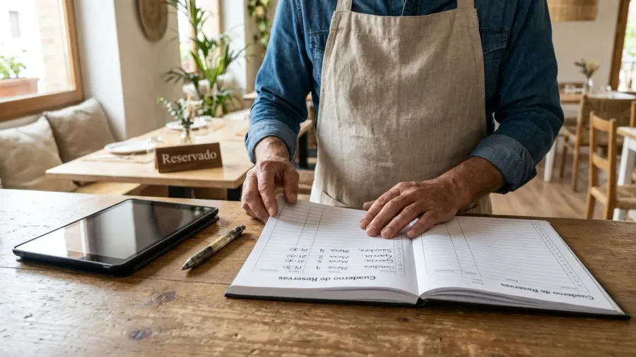Un hostelero con delantal revisa el cuaderno de reservas de su restaurante junto a una tablet sobre la barra, con una mesa reservada al fondo; la imagen ilustra la elección de software de reservas.