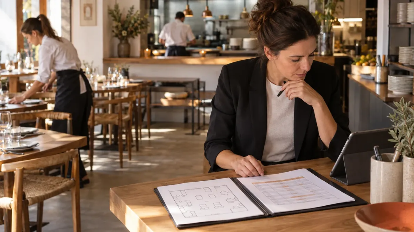 Responsable de restaurante revisando un plano de sala y un cuadrante del equipo antes del servicio.