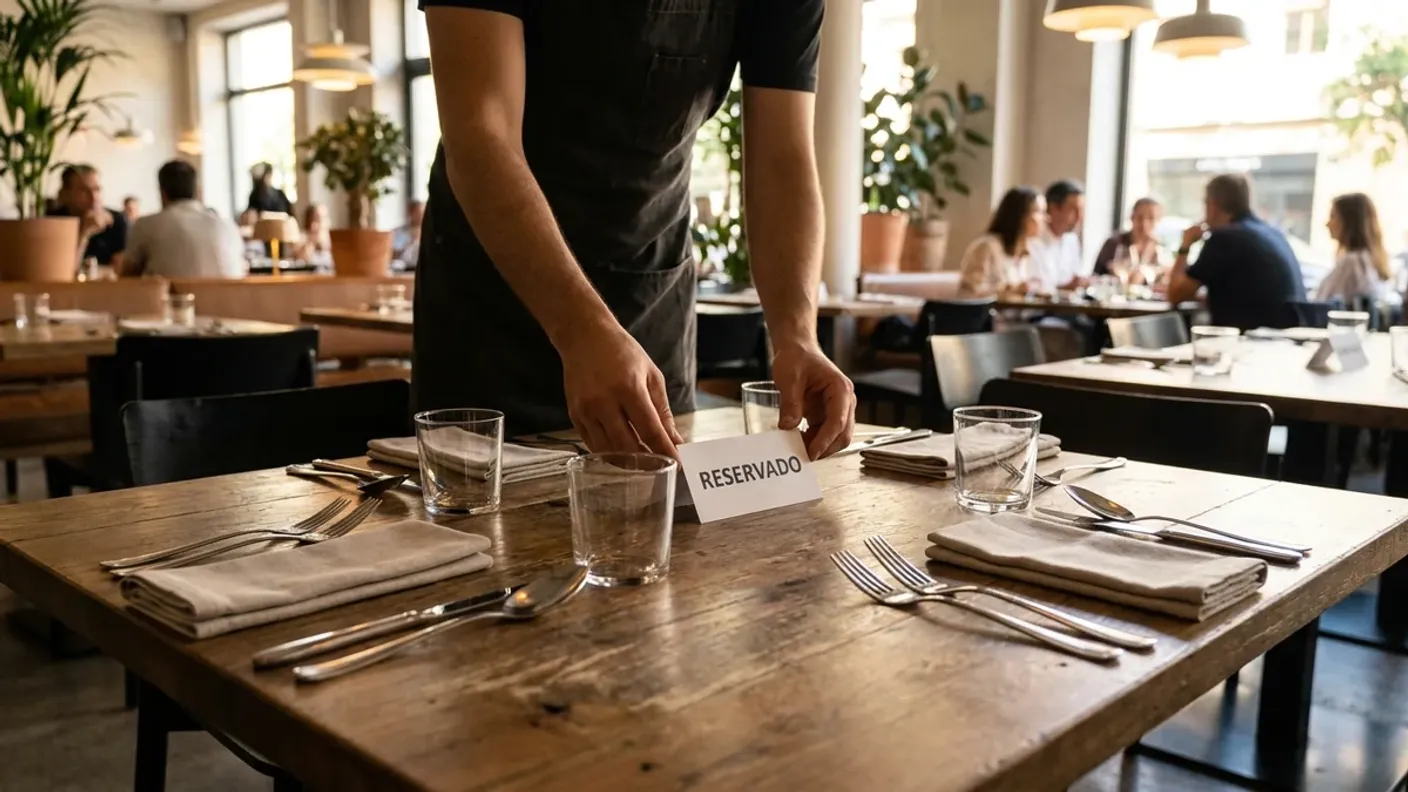 Un camarero coloca una tarjeta de Reservado en una mesa vacía y puesta de un restaurante lleno; la mesa reservada sin comensales ilustra el coste de un no-show.