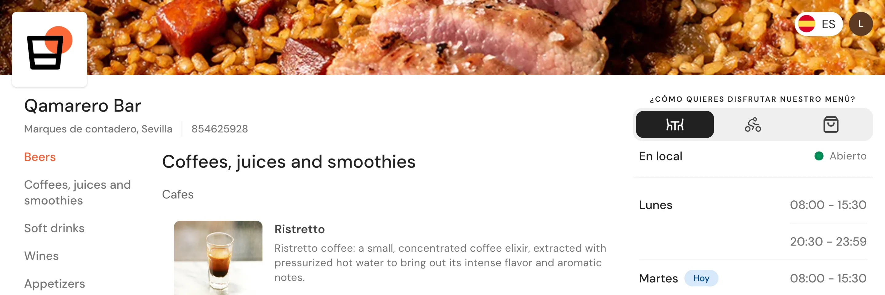 Page web de restaurant avec carte, réservations et commandes connectée à la caisse