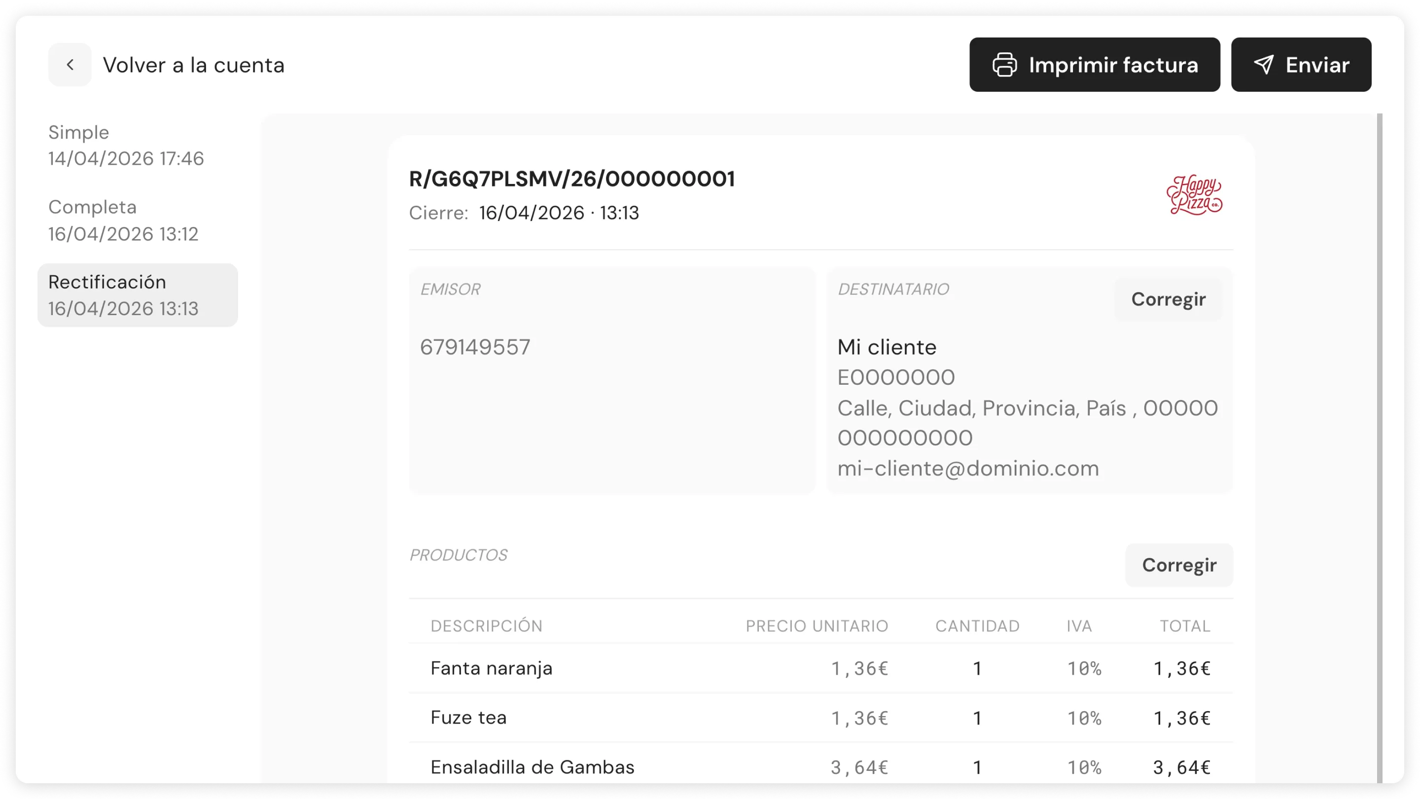 Factura automática con datos fiscales
