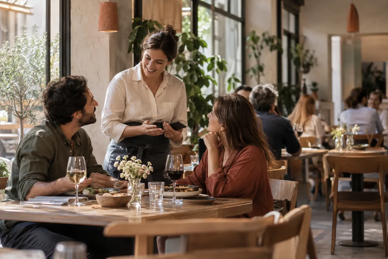 Escena ilustrativa de una camarera atendiendo a dos clientes en un restaurante