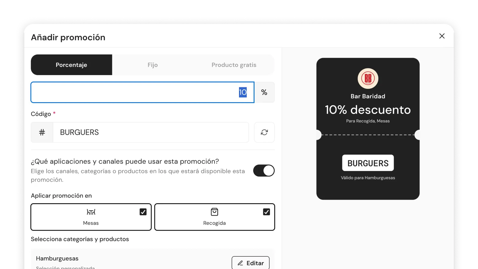 Formulario de creación de promo con tipo de descuento, código y límites