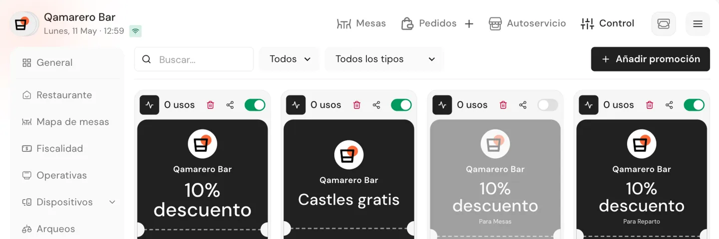 Panel de promos activas en Qamarero con canjes y ventas por código