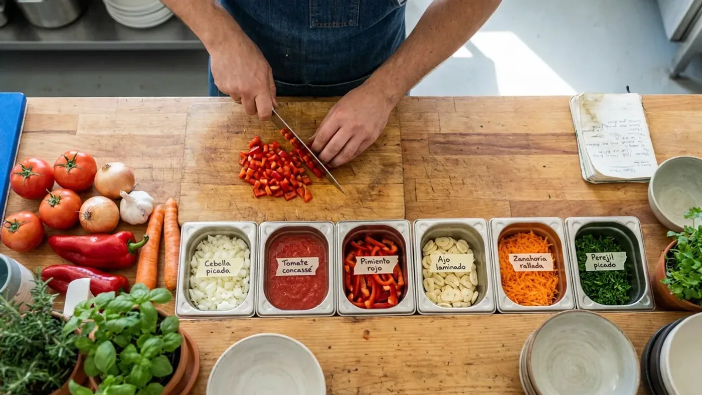 Cocinero prepara la mise en place con verduras cortadas y contenedores etiquetados en la cocina