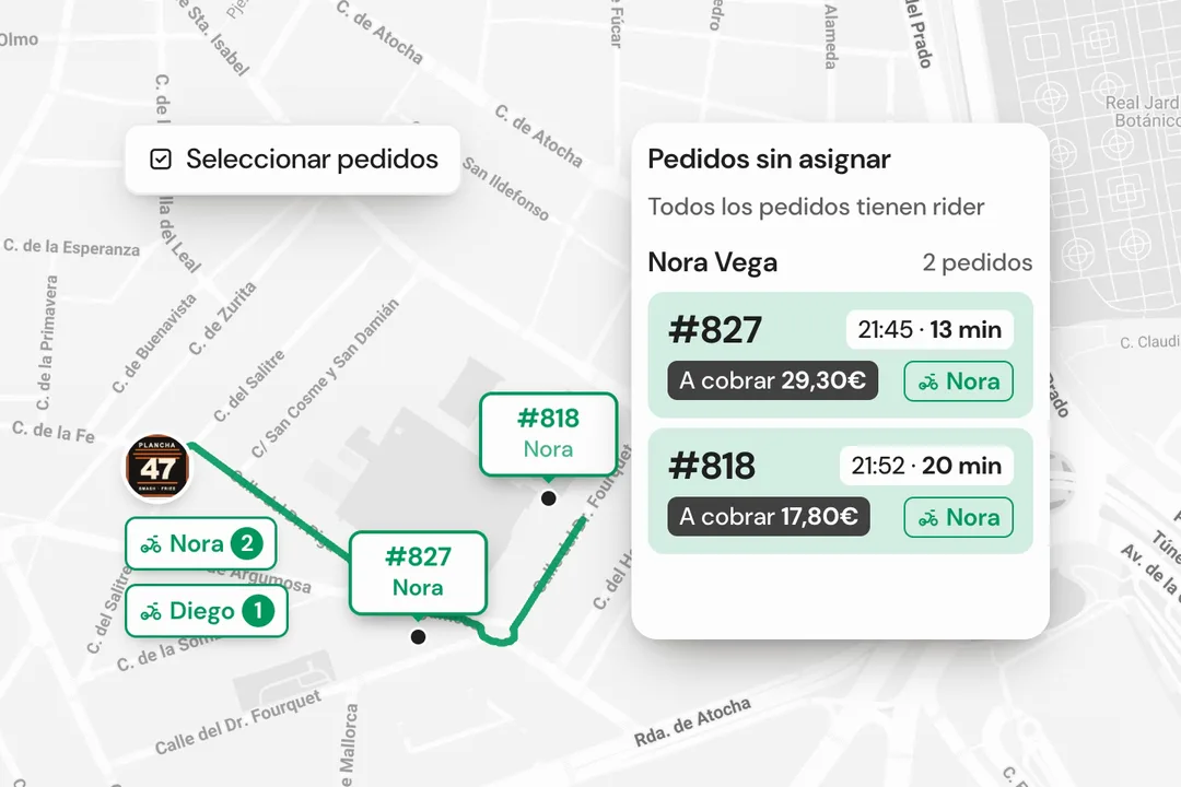 Pantalla de reparto con varios pedidos seleccionados en el mapa y asignación a un rider