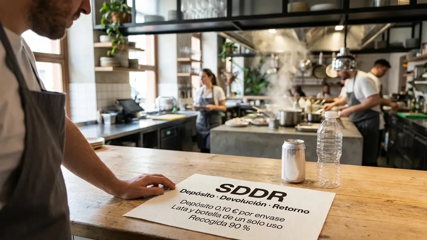 Hoja informativa del SDDR en la barra de un bar con el depósito de 0,10 € por envase, junto a una lata y una botella de un solo uso