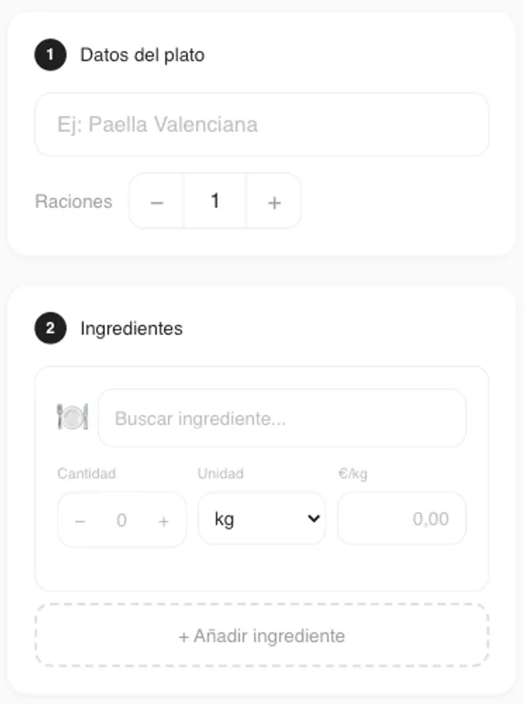 Sección de datos del plato en la calculadora de escandallo Qamarero