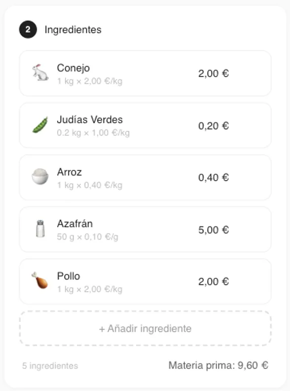 Sección de ingredientes con cálculo automático de subtotal