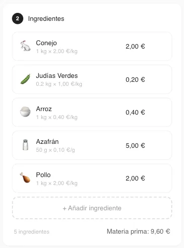 Sección de ingredientes con cálculo automático de subtotal