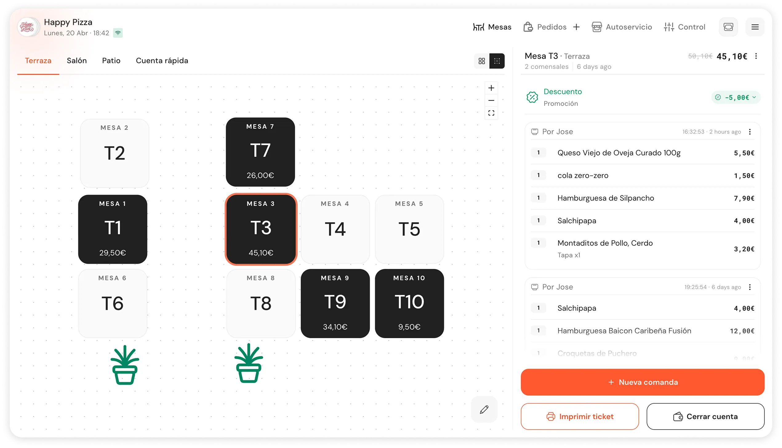 Plan des tables de la caisse Qamarero