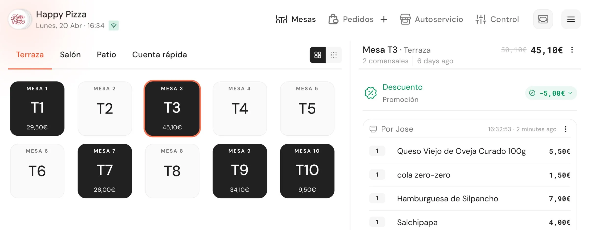 Pantalla del TPV de Qamarero gestionando un servicio de mesa