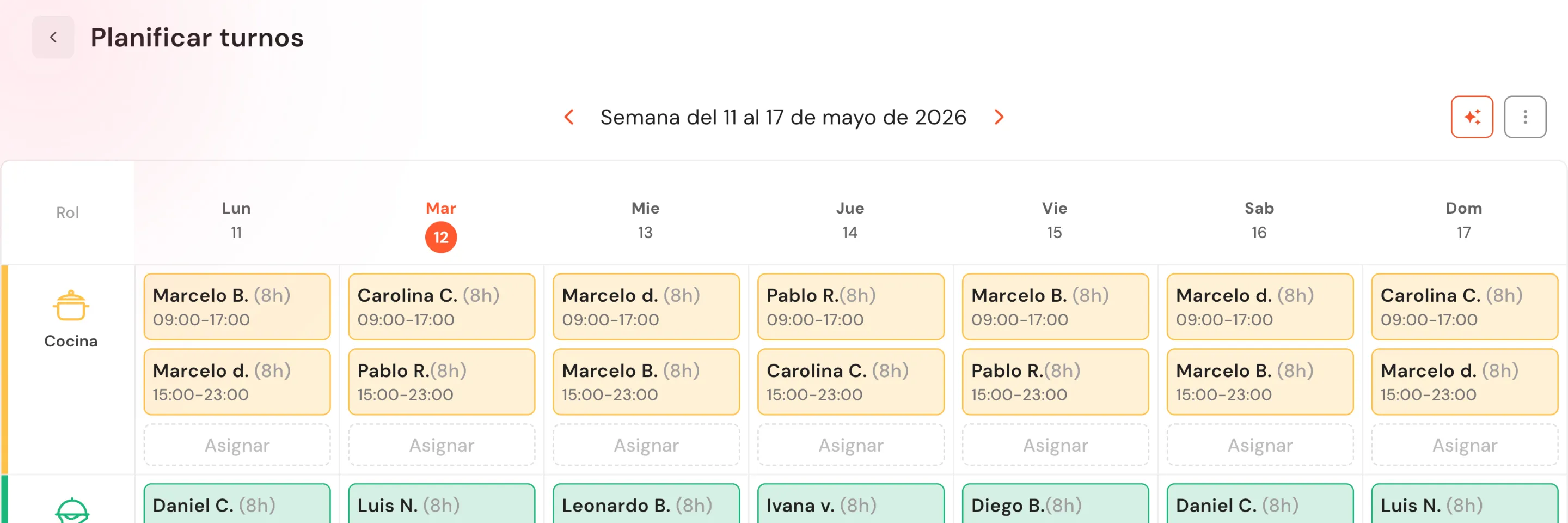 Weekly shift planner view with staff assigned by roles and time slots