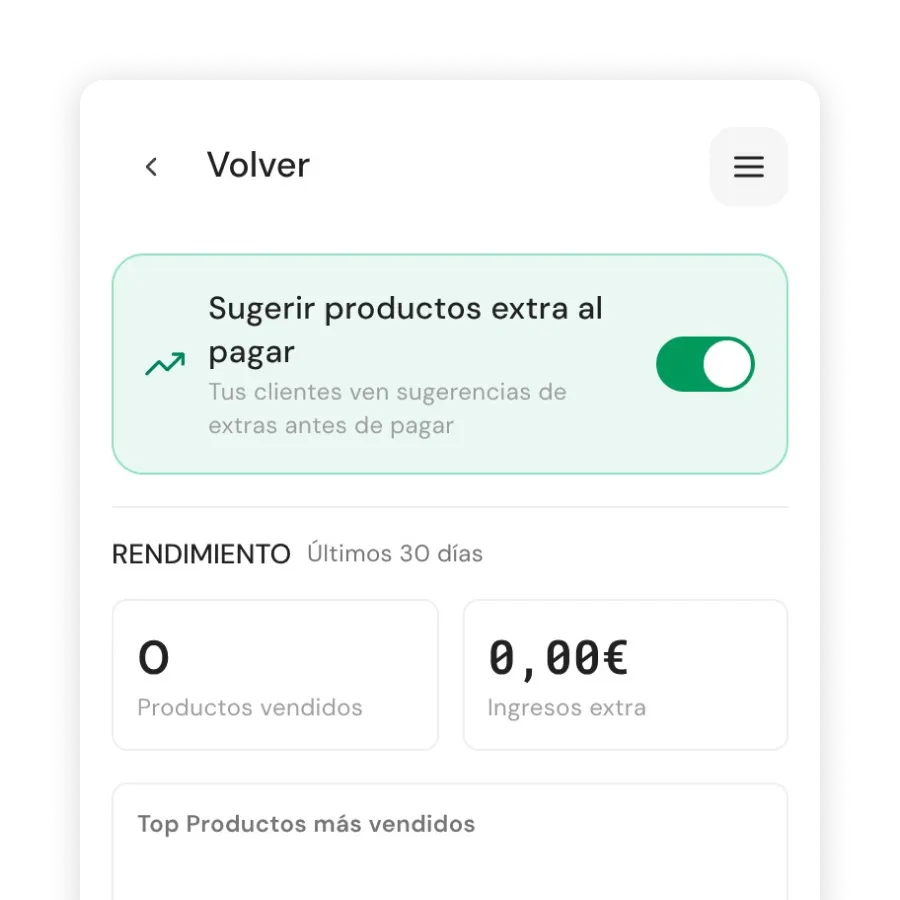 Panel de activación de Upselling en QPOS Growth con switch y vista previa