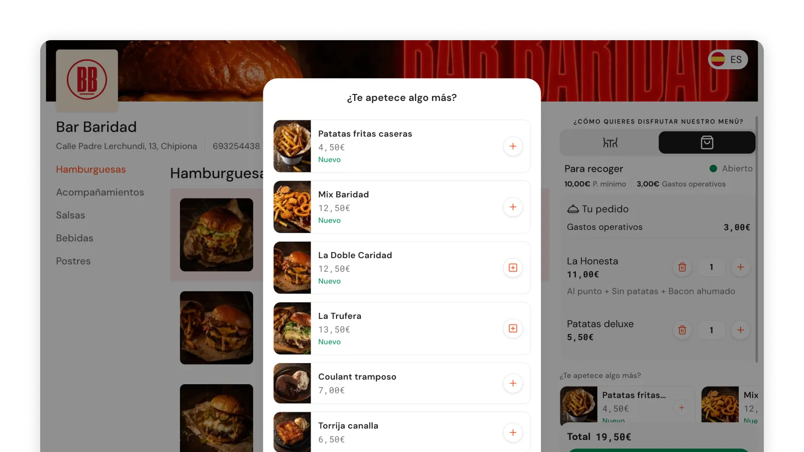 Modal de upselling en Pedir desde la mesa antes de confirmar la comanda
