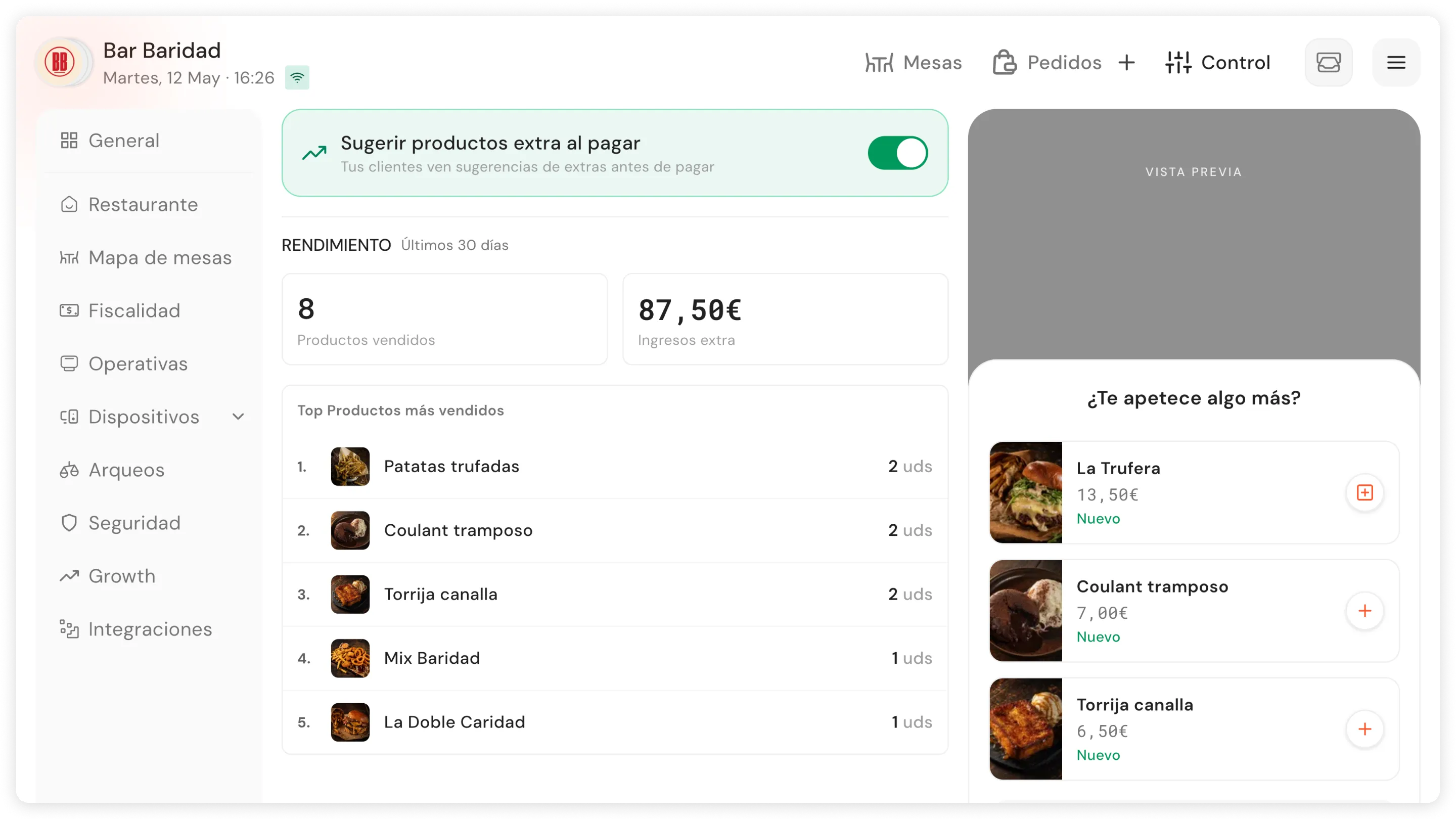 Dashboard de métricas de Upselling con conversión e ingresos extra
