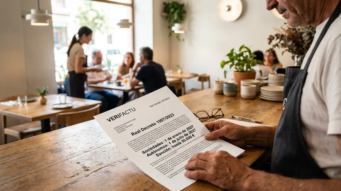Camarero entrega un ticket impreso conforme a Verifactu con IVA y total en un restaurante