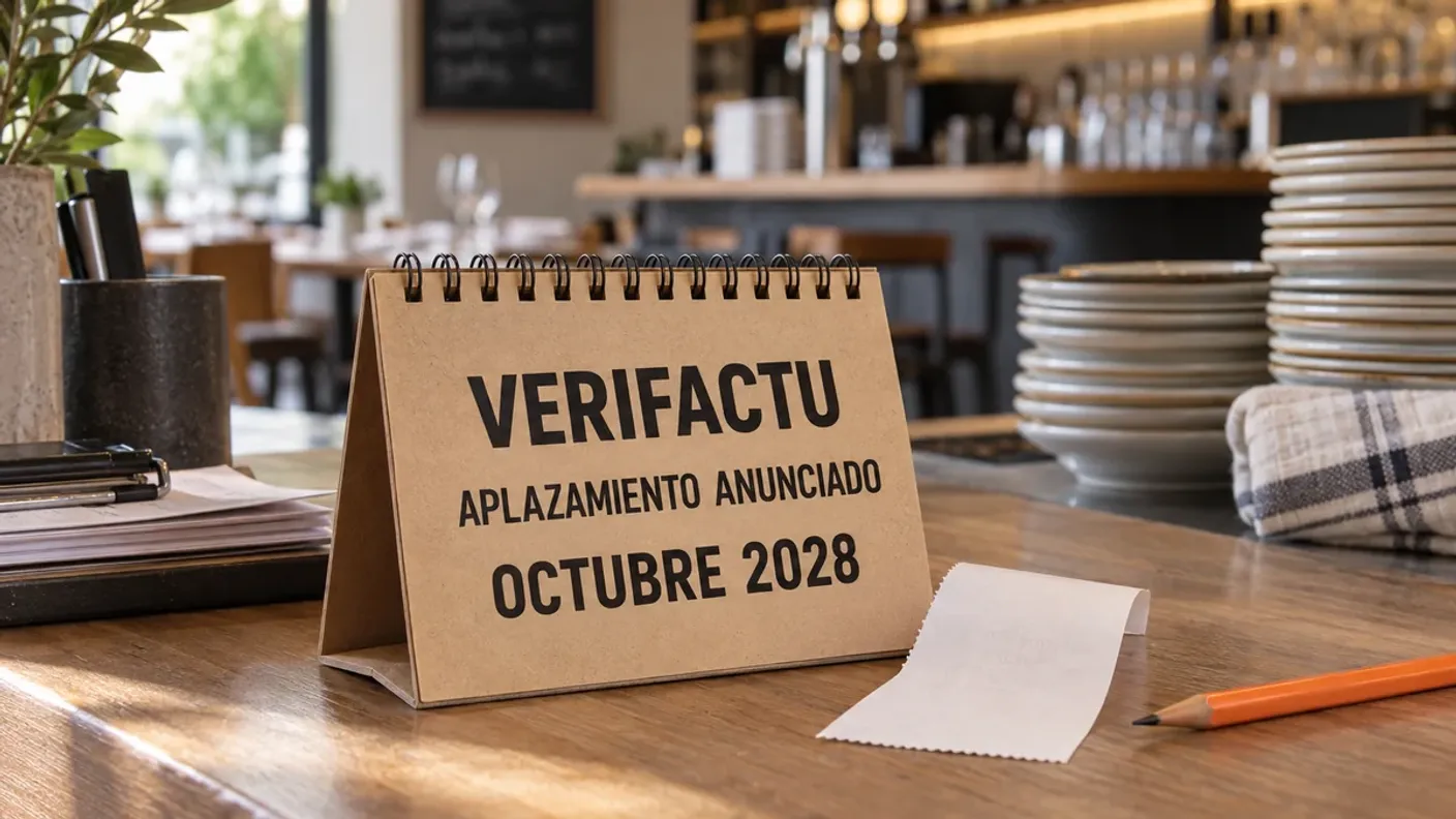 Calendario editorial que anuncia el aplazamiento de Verifactu a octubre de 2028 sobre una mesa de restaurante